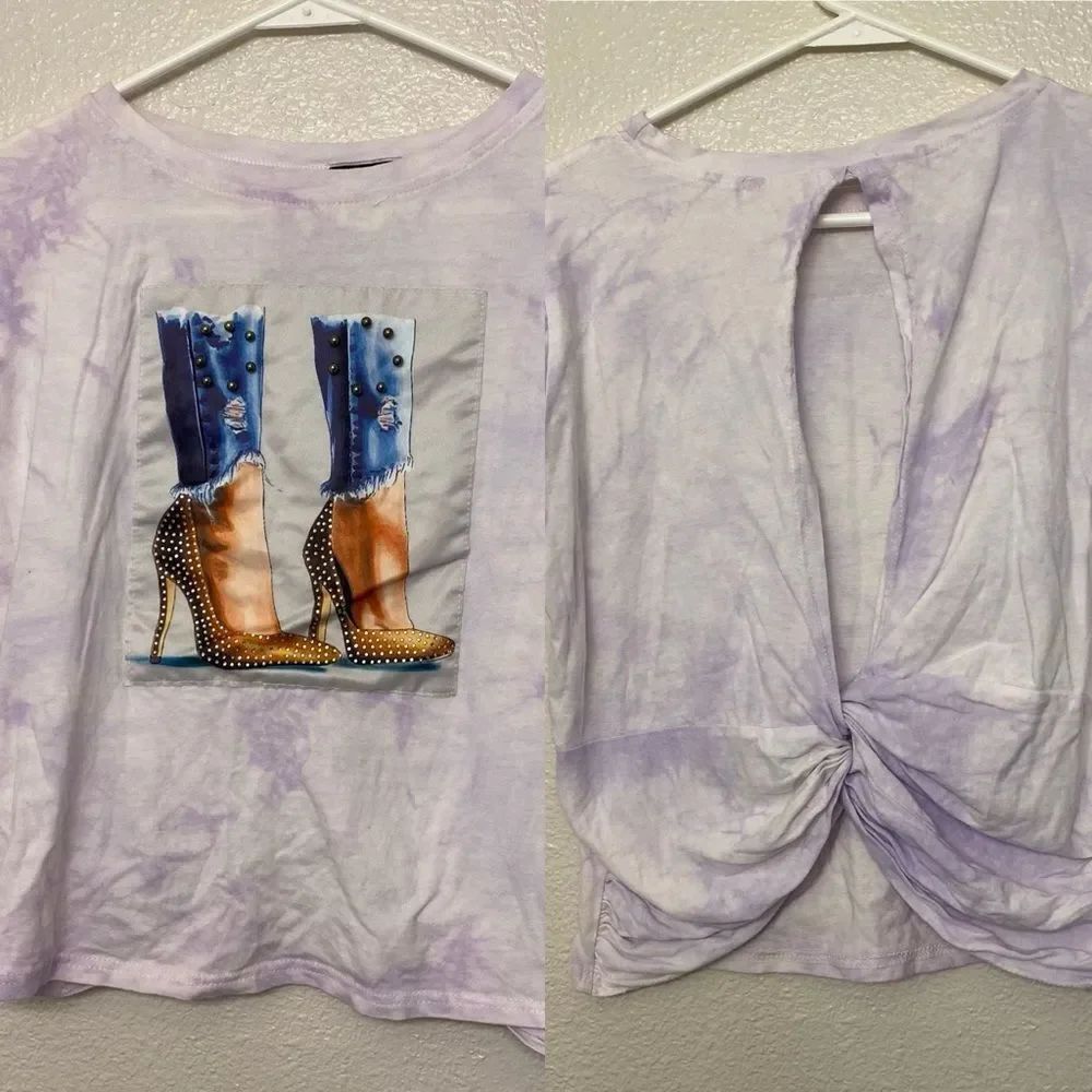 Tie-dye embellished graphic T-shirt open back studded heels Festival concert L